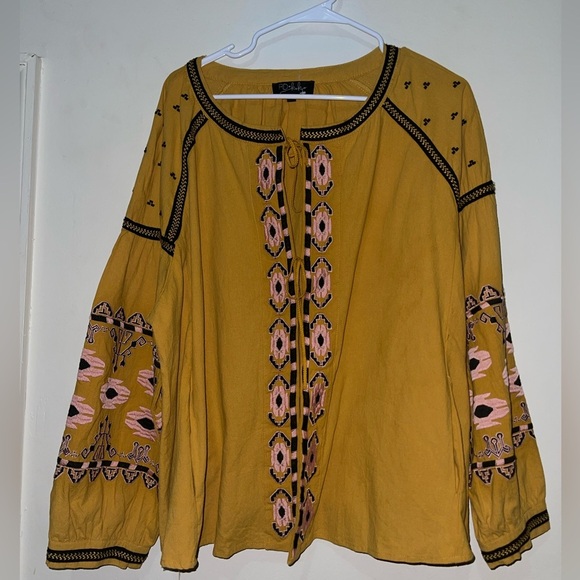 Anthropologie RD +Koko Plussize Embroidered Boho Puff Sleeve TieFront Jacket Top - Picture 9 of 10